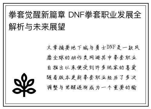 拳套觉醒新篇章 DNF拳套职业发展全解析与未来展望